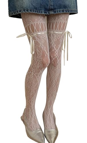 FEOYA Lace Bow Tights Flora Pattern High Stockings for Women Stretchable Hollow Fishnet Cosplay Party Pantyhose Milky White