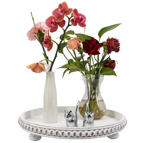 FramePro Wooden Round Serving Tray, 12 inch Rustic White Serving Platter with Raised Edge for Living Room Candle Holder, Coffee Table, Kitchen Food Decorative or Farmhouse