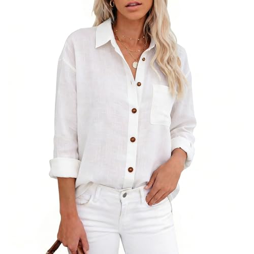 Zidoley Blusa de lino de verano para mujer, blusa informal de muselina de algodón y lino, manga larga, blusas y túnicas para mujer, S-2XL, Blanco, L