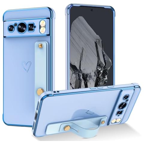 Yueyoer for Google Pixel 9/9 Pro Case,Slim Fit Soft TPU Rubber with Adjustable Wristband Kickstand Plating Love Heart Phone Case Anti-Fall Shockproof Camera Safeguard (Blue, Pixel 9 Pro XL) Cover