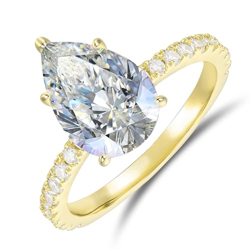 14K Gold 5-Prong 3.0 CT Pear Cut Moissanite Engagement Ring for Women Promise Rings