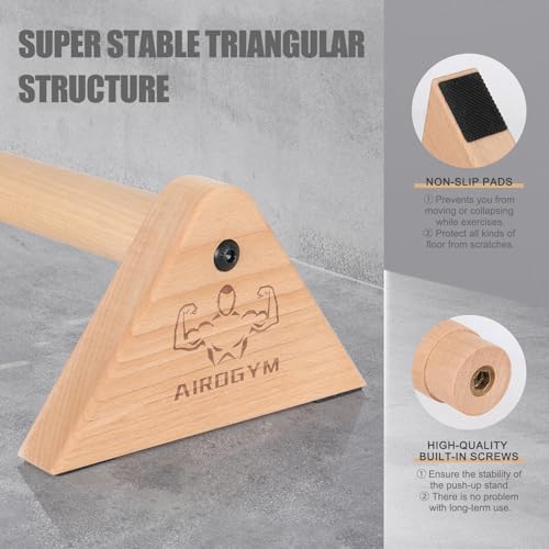 Image of Airogym Wooden Parallettes Push Up Bars, Beech Wood Calisthenics Equipment for Home Gym Use, Perfect Pushup Bar Stable Handstand Push Up Handles for Floors, Includes Wrapping Belt and Carrying Bag