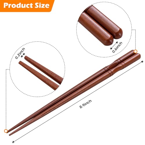 MFJUNS 5-Pairs Japanese Chopsticks, Reusable, Non-slip Design, Natural Wood, Brown, 8.8 Inch/22.5cm, Easy to Use, Suitable for Beginners, Gift Set