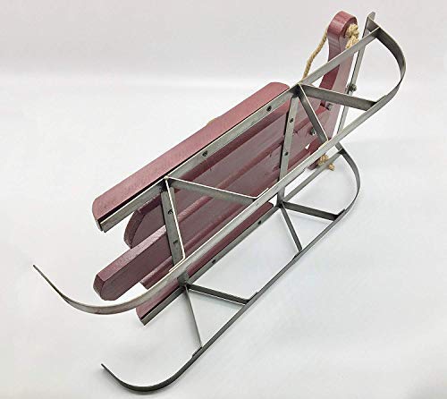Christmas Holiday Decor Wooden Decorative Old Fashioned Sled Metal Sled with Natural Jute Rope Accent Burgundy (19" H) - Thumbnail 3