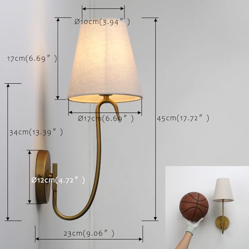 Image of Swan Neck Wall Sconce Fixture 1-Light with Linen Fabric Shade, Indoor Hardwired Rustic Boho Wall Light for Living Room Bedroom Bedside Nightstand Light