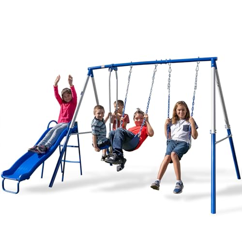 Sportspower Albany Metal Swing Set with 2 Adjustable Swings, Glider and Slide with Slide