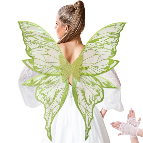 NUVCELKA Fairy Wings for Adults Butterfly Costume with Lace Gloves Large Fantasy Wings for Halloween Cosplay (Green - Organza)