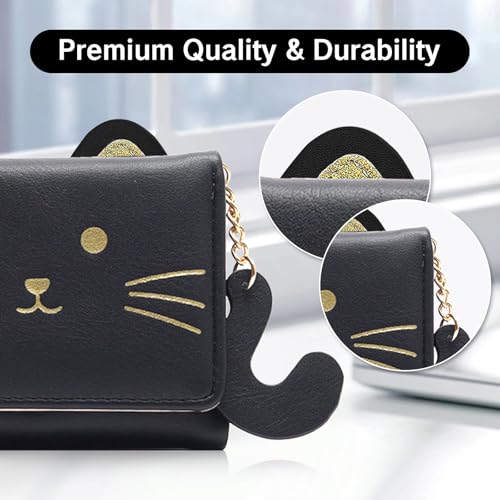 Cat Wallet for Women Cute Black Small 3D Animal Wallet with Glitter Ears Tail Tri-Fold ID Card Case with Zipper Pocket Adorable Wallets for Animal Lover4