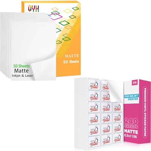 QYH Printable Vinyl Sticker Paper for Inkjet & Laser Printer - 290 Sheets Matte White Waterproof, Compatible with Cricut Ideal for Small Business & DIY Crafters - 8.5"x11"
