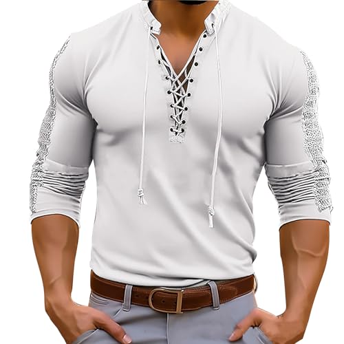 Tee shirt homme manches longues col à lacets imprimé vintage décontracté