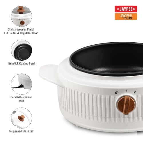 Image of Jaypee Plus Electric CookSmart Casserole with Teflon NonStick Coating Bowl for Reheating & Cooking, Serving Casserole Wooden Finish Lid & Regulator Knob Toughened Glass Lid, 2000 ml, White
