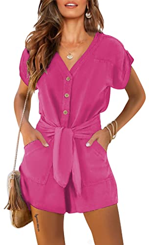 Byinns Women's Summer V Neck Casual Button Belted Rompers Short Sleeve Wrap Beach Short Jumpsuits With Pockets Hot Pink #TOP22