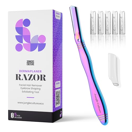 Jungle Culture Dermaplaning Razor - Maquinilla de afeitar facial de metal para mujer, incluye 5 cuchillas de repuesto, afeitadora de cejas para pelusa y contorno - Arcoiris