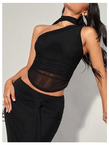 GORGLITTER Women's Halter Going Out Tank Top with Scarf One Shoulder Ruched Asymmetrical Crop Tops4