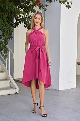 Grace Karin Womens Halter Dress Midi Dress With Belt Wedding Guest Dress High Low A-Line Pocket Plus Size Rose Red Dress 2Xl #TOP2