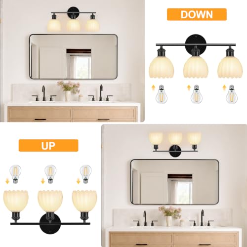 Image of Bathroom Light Fixtures, 3-Light Brushed Black Vanity Lights for Bathroom with White Tulip Glass Shade, 20 inch Vintage Bathroom Vanity Lighting Fixtures Over Mirror for Bedroom Living Room Hallway