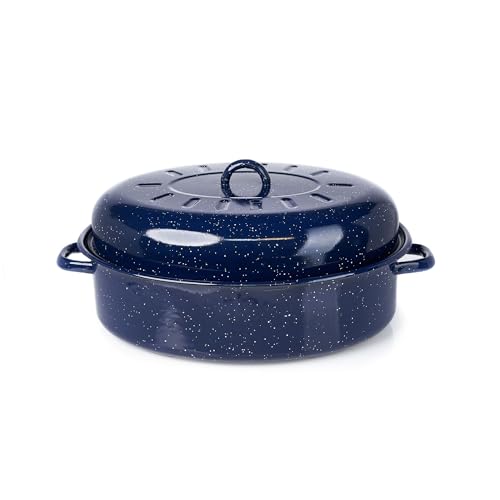 IMUSA USA 18″ Traditional Vintage Style Blue Speckled Enamel on Steel Covered Oval Roaster