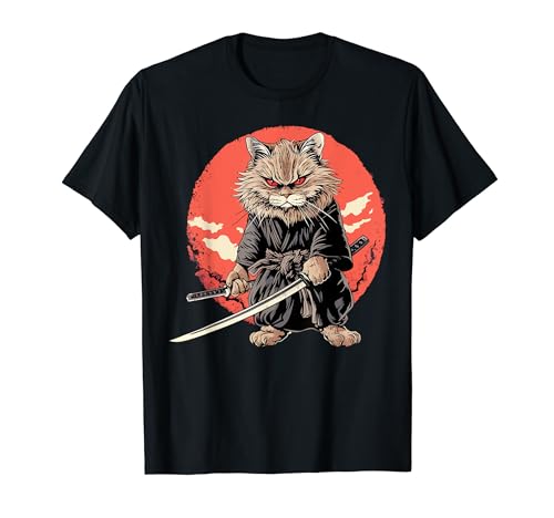 LaPerm Cat japonés Samurai Kawaii Ninja Cat Camiseta
