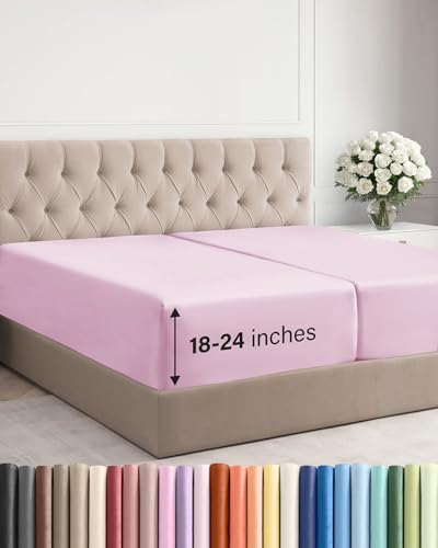 Image of Extra Deep Split King Fitted Sheet - Single Fitted Sheet Only - Light Pink | Easily Fits 18 inch to 24 inch Mattress, Soft, Wrinkle Free, Breathable & Comfy, Extra Deep Pockets Hotel Luxury Fitted Sheet