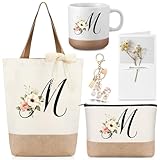 Hestya Regalos con Letras para Mujer Bolso Tote con Inicial Bolsa de Maquillaje Taza de Café Llavero Cinta de Encaje Tarjeta Regalos de Cumpleaños para Ella Esposa Mamá Amiga Damas de Honor(M)