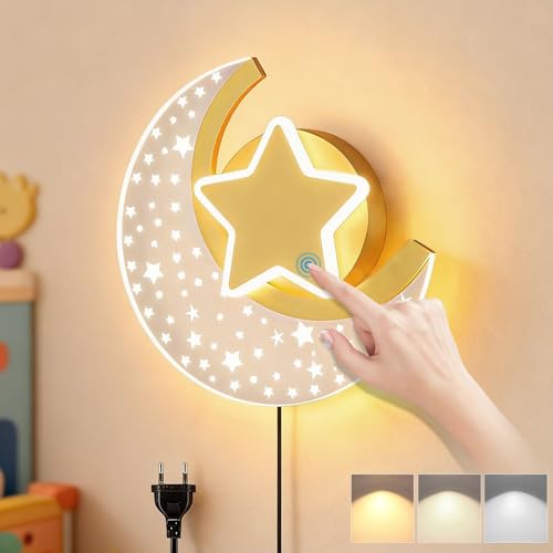 KZT LED Wandleuchte mit Stecker 3 Farben Einstellbar Wandlampe Kinderzimmer Touch Schalter Mond Nachttischlampe mit 180cm Kabel Innen Wandbeleuchtung Deko für Kinder Madchen Junge Schlafzimmerlampe