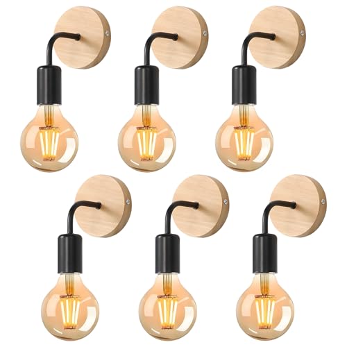 Tealight Aplique Pared Interior, Lámparas de Pared Vintage 6 Piezas, Apliques Pared Dormitorio, Madera Metal Industrial, Luz de Pared Retro E27 para Dormitorio, Pasillo, Cocina, Café, Negro