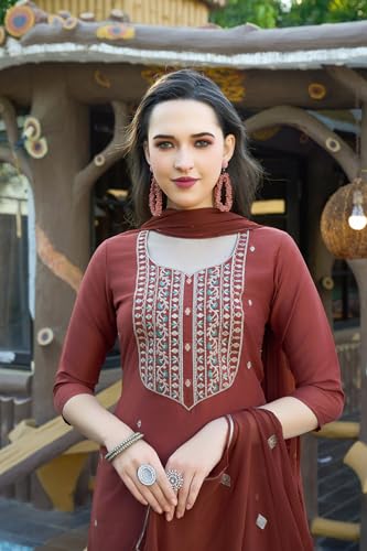 Image of GoSriKi Women's Cotton Blend Embroidered Kurta Set with Pant & Dupatta - Straight Calf‑Length, 3 /4 Sleeve, Round Neck - Elegant Ethnic Attire (5 Colors, S-5XL)