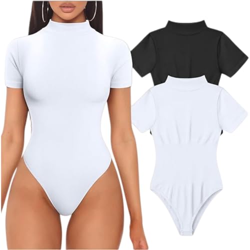Hotcinab Damskie body z krótkim rękawem, seksowne body z golfem, krój basic, wąski, prążkowany, slim top, koszulka sportowa, biały, M