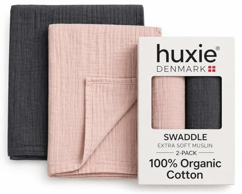Huxie Swaddle Blankets, 100% Organic Cotton Muslin, 47"x47" 2-Pack