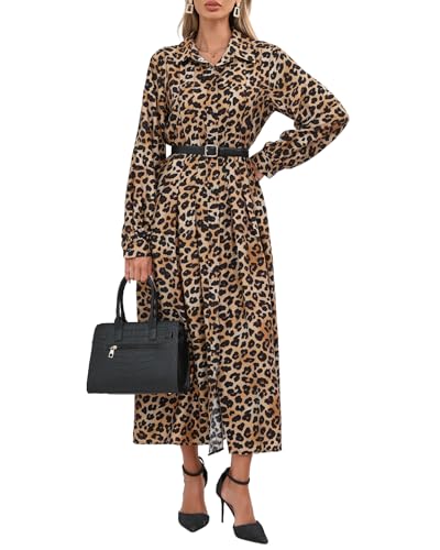 Women's Leopard Printed Maxi Dress Long Sleeve Button Down Shirt Dresses with Belt