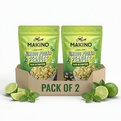 Image of Makino Nimboo Pudina Roasted Peanuts, (Pack of 2) 140g | Tangy Lemon Mint Flavour Peanut Snack | High Protein & Fiber Rich | Gluten Free, Zero Cholesterol & Trans Fat Free | Only Roasted Not Fried | Crispy Crunchy Healthy Namkeen