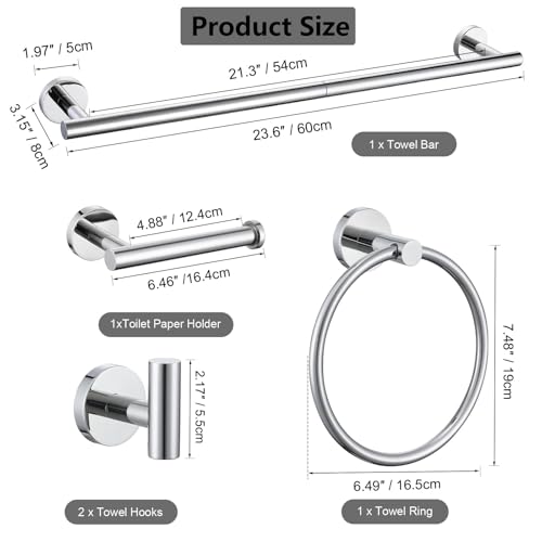 Ensemble de quincaillerie de Salle de Bain chromée, 5 pièces en Acier Inoxydable SUS304 avec Barre Porte-Serviette de 60 cm, Support de Papier Toilette, Anneau Porte-Serviette, Crochets pour Peignoir – vue 2