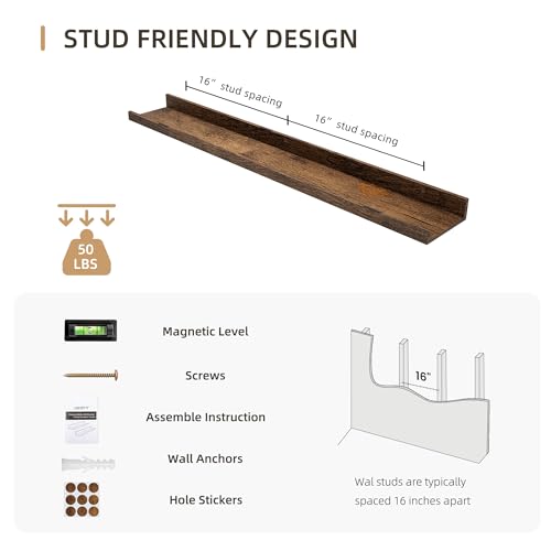 Acovy Picture Ledge Shelf, Wood Floating Shelves Set of 2, 36 inch Picture Ledge Shelves, Photo Ledge Nursery Book Shelves Wall Mounted for Living Room Kids\' Room Bedroom, Color Brown - Thumbnail 6