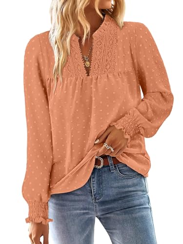 BETTE BOUTIK Women Boho Long Sleeve Shirts Dressy Casual V Neck Fall Fashion Tops Swiss Dot Flowy Blouses