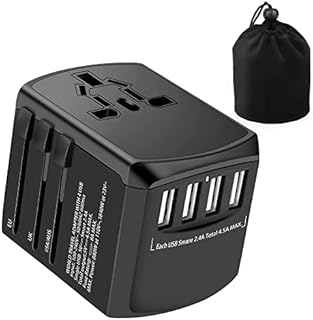 Travel Plug Adapter Worldwide Travel Adapter All In One , 1840W Universal Travel Adapter with 4 USB Ports + AC Socket for Multiple Devices, International Travel Adapter for UK EU US AU 224+ Countries
