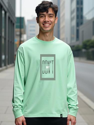 Image of Bewakoof Men's 100% Cotton Graphic Print Oversized Fit Full Sleeve Round Neck T-Shirt | Casual Wear | Street Wear | Oversized t Shirt for Men Cotton | Baggy