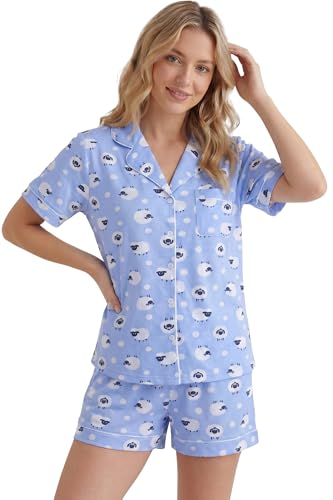 Image of LUBOT 100% Cotton Pajamas for Women 2 Piece PJ Set Button-Down Soft Knit Short Sleeve Summer Sleepwear Loungewear XS-XXL