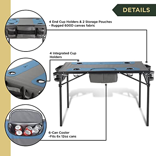 Arrowhead Outdoor 51” Heavy-Duty Portable Folding Table, 8 Cup Holders, Integrated Cooler, 2 Side Storage Pouches, No Sag Surface, Carrying Case, Steel Frame, High-Grade 600D Canvas, Usa-Based Support #TOP4