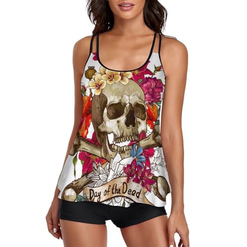 Tankini Crâne de Rose pour Femme avec Short de Garçon et Robe de Plage