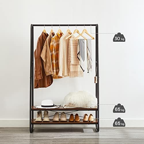VASAGLE Clothes Rail, Heavy-Duty Clothes Rack with 2 Shelves, 6 S-Hooks, and Steel Frame for Bedroom, Industrial, Rustic Brown and Black RGR112B01