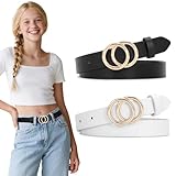 SUOSDEY 2 Pack Kids Leather Belts for Girls Solid Colors Skinny Belt for Teen Girls with Double O-Ring Buckles