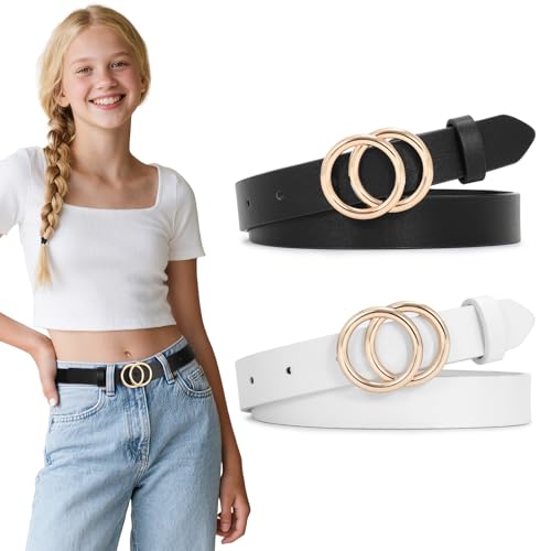 SUOSDEY 2 Pack Kids Leather Belts for Girls Solid Colors Skinny Belt for Teen Girls with Double O-Ring Buckles