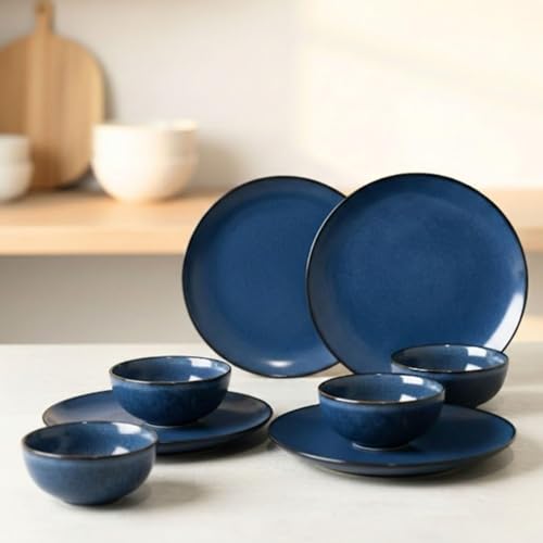 Image of Reactive Glaze Dinner Set, 8 Piece Stoneware Set, Midnight Blue, 4 Dinner Plates and 4 Serving Bowls