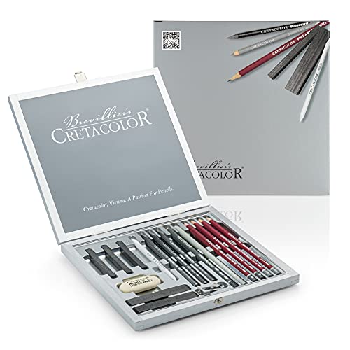 Cretacolor Künstlerset Graphit Stifte Zeichenset Silver Box 17-teilig in exclusiver Holzkassette
