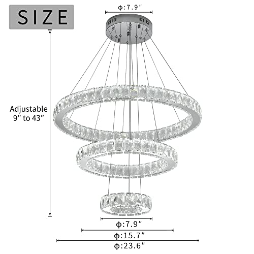 Led Crystal Chandelier, Diy Modern Lighting Oval 3 Rings Hanging Adjustable, 3 Lights Pendant Lamp, Stainless Steel Ceiling Light Fixture For Living Dining Bedroom Ring: 23.6/15.7/7.9" #TOP5