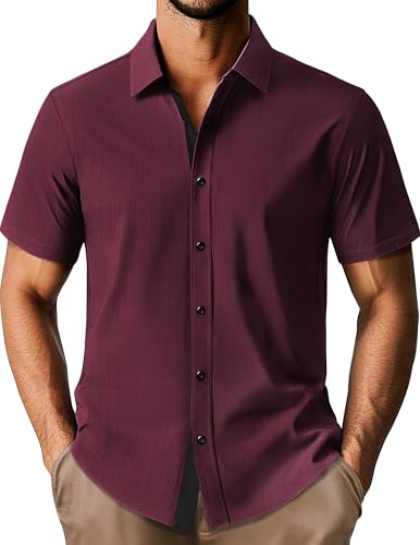 Mens Dress Shirts Short Sleeve Button Down Wrinkle Free Shirt Casual Button Up Untuckit Business Shirts Summer Red M