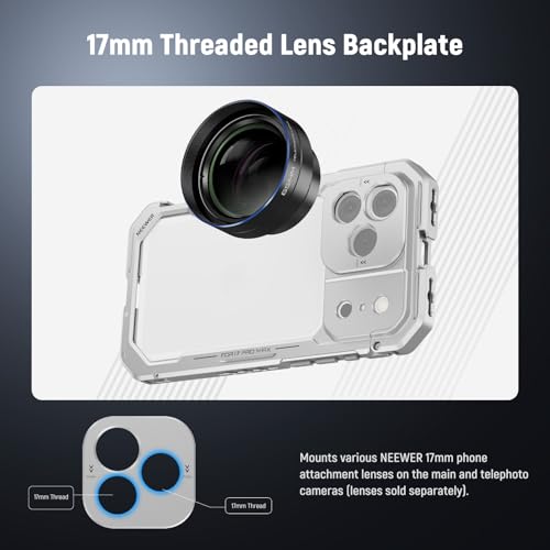 Image of NEEWER Phone Cage Compatible with iPhone 17 Pro, Quick Release Video Rig Stabilizer Accessories with 67mm Filter Ring, 17mm Lens Backplate, T Mount Adapter, 4X Camera Control Cap, PA143 (Silver)