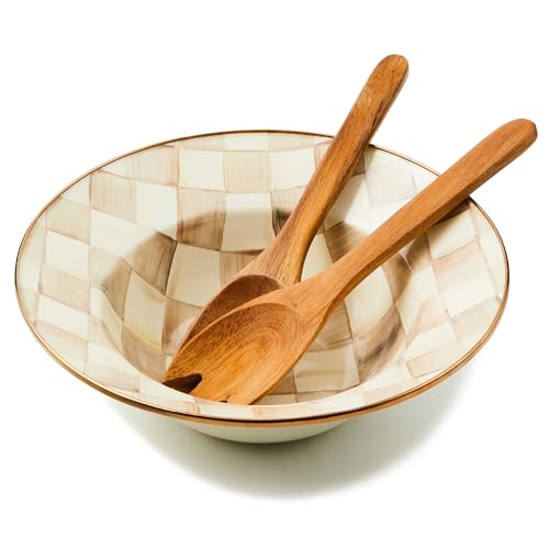 MACKENZIE-CHILDS Enamel Salad Serving Set, Enamel Bowl and Wooden Salad Servers, Decorative Kitchen Set, Brown-and-White Mocha Check