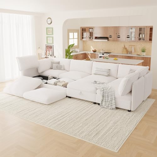 Image of Oversized Corduroy Modular Sectional Sofa Bed with Hidden Storage, Convertible L U Sleeper Couch, 8-Seat Modular Sofa Free Combination with Ottoman & Removable Covers for Living Room, White
