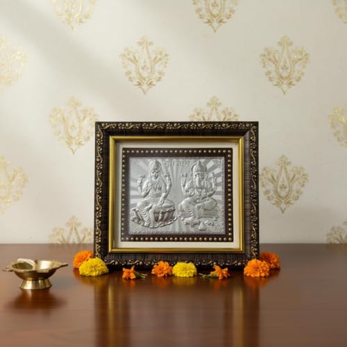 Image of Silver Coating Laxmi Ganesh Frame | Divine Home Decor | Wall Mount SquareFrame for Office, Wooden PhotoFrame for Temple| Wedding Festival Gifts | tabletopframe (5 inch x 5.50 inch Inch)